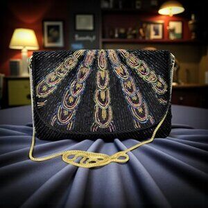 Vintage La Regale Ltd Beaded Peacock Tail Evening Bag Crossbody Gold Chain